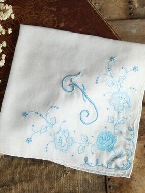 Vintage Handkerchief in White Cotton, Monogrammed with F in Blue, Hankie Pocket